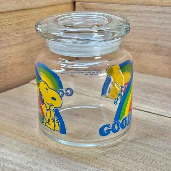 Vintage 1958 1965 Peanuts SNOOPY WOODSTOCK Glass Goodies Candy Jar with Lid - Picture 5 of 6